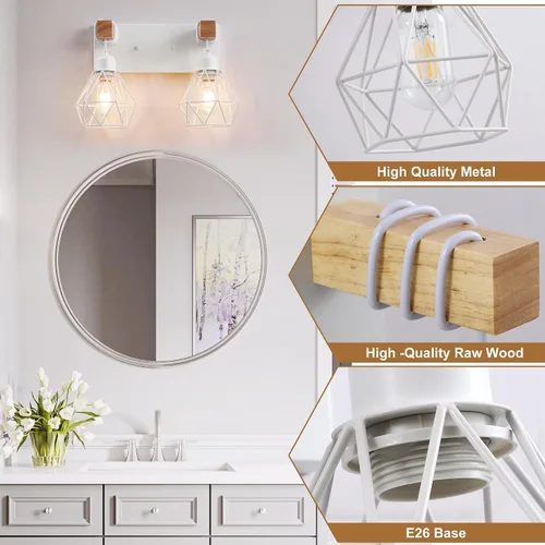 Vista 4 de Lámparas blancas para tocador de baño, luminarias de baño de madera de 2 luces sobre el espejo, apliques rústicos de pared con elegante pantalla
