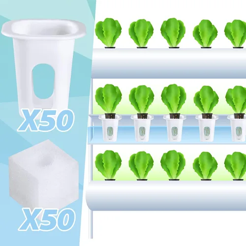 Vista 3 de Hoolerry El kit de sistema de cultivo hidropónico de 100 piezas incluye 50 cestas de cultivo hidropónicas y 50 esponjas cuadradas, iniciador