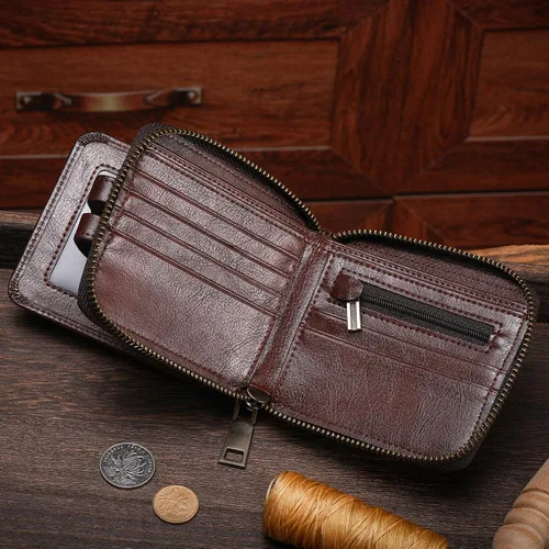 Vista 109 de LUKZIJAES Billetera de cuero genuino para hombre, con bloqueo RFID, delgada, plegable, bolsillo frontal, #3-Café, Vintage