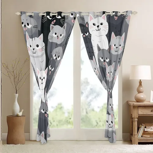 Vista 4 de Feelyou Cortinas de ventana de gatos grises y blancos, cortinas de ventana con patrón de mascotas para dormitorio, sala de estar para niños, niñas