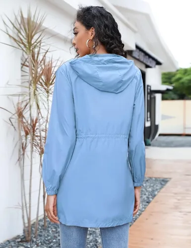 Vista 5 de Alebame Womens Long Raincoat Lightweight Rain Jackets Waterproof Windbreaker Drawstring Rain Protection