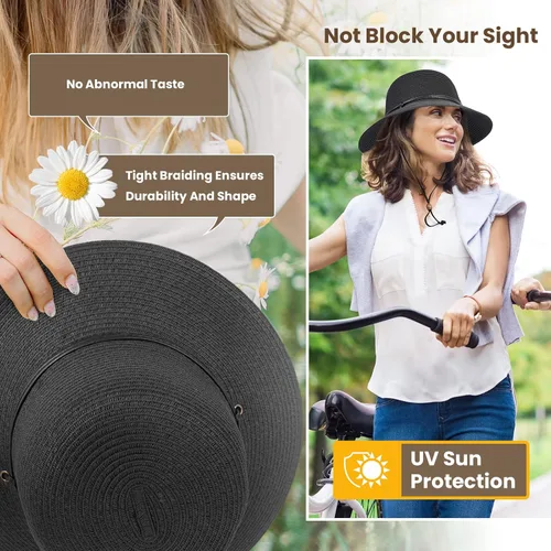 Vista 4 de Simplicity UPF 50+ sombrero de paja con visera ancha para el sol, trenzado, con cordón, para mujer.
