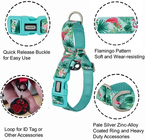 Vista 4 de Martingale - Collares para perros con hebilla a presión rápida, ajustable, patrón de flamenco, collares de entrenamiento sin tirones, para perros