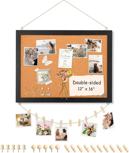 Vista 19 de Tablero de corcho de doble cara con lino, tablero de anuncios pequeño con marco de madera colgante de 12 x 12 pulgadas, kit de tablero de visión