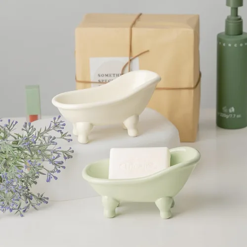 Vista 2 de 5.6" Jabonera de cerámica mini para bañera con decoración de garras para baño (Crème)
