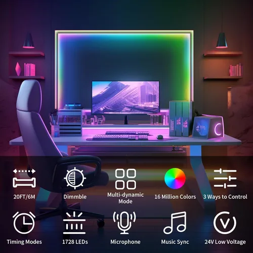 Vista 2 de Tira de luces LED de 20 pies COB Smart IC, luces LED RGB de 24V para dormitorio con control remoto RF, botón de aplicación inteligente