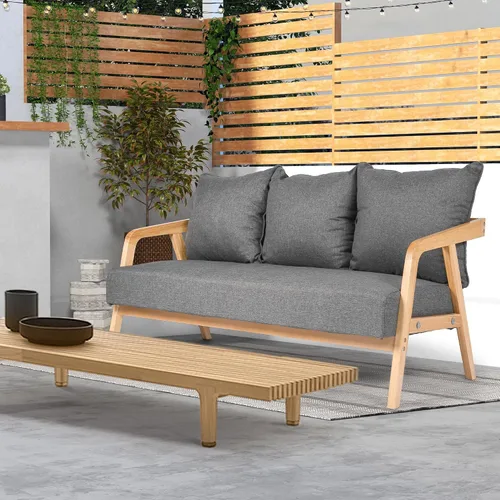 Vista 7 de LUCKYERMORE Sofá moderno de 60 pulgadas, sofá de 3 plazas para espacios pequeños, tapizado con 3 cómodas almohadas, reposabrazos de madera, marco