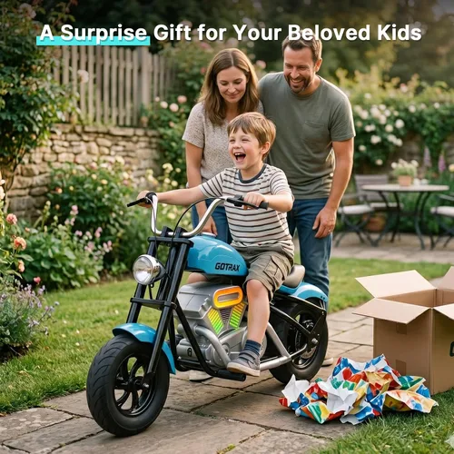 Vista 9 de Gotrax Retro Motorcycle for Kids 8+, 12" Tires,Max 9 Miles,6/10Mph 2 Speeds Blue