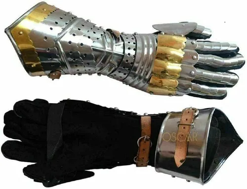 Vista 3 de Guanteletes Artiulados Medievales con Acentos de Latón Guanteletes funcionales de acero templario medieval para combate, recreación