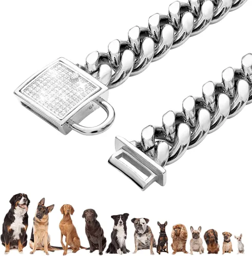 Vista 5 de Collar de cadena para perro con cierre de circonita cúbica de 0.551 pulgadas, acero inoxidable plateado, cadena cubana para mascotas (24 pulgadas)