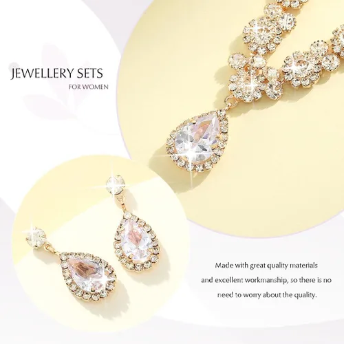 Vista 8 de Unicra Juego de collar y aretes de novia de plata para novia, juego de joyas de boda con diamantes de imitación para mujeres y novias