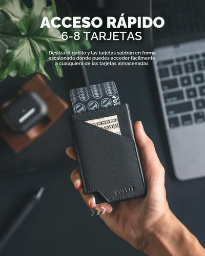 Vista 4 de VULKIT Cartera de tarjetas desplegable con bloqueo RFID, funda delgada de aluminio para tarjetas bancarias con bolsillo para dinero de negocios