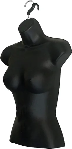 Vista 8 de Maniquí de torso masculino y femenino con soporte de metal, cuerpo con respaldo hueco, apilable, forma de vestido para exhibición de camisetas Negro