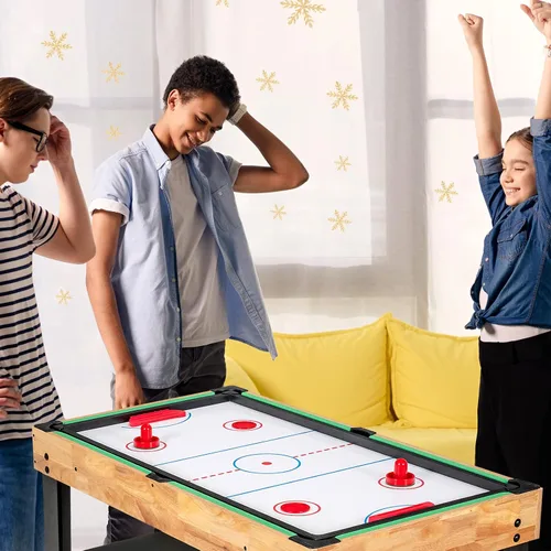 Vista 7 de GYMAX Mesa de Juegos Múltiples, Mesa de Juegos Combinada 10 en 1 con Mesa de Futbolín, Hockey, Mesa de Billar, Ping Pong, Shuffleboard, Bolos y 4