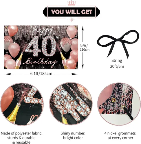 Vista 2 de Cartel de fondo de feliz cumpleaños 40, decoración de cumpleaños 40 para mujer, oro rosa, cartel de fiesta de cumpleaños de 40 años, cartel de fondo