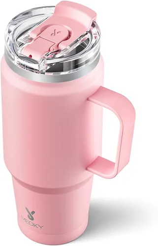 Vista 8 de Meoky Vaso de viaje de acero inoxidable de 40 onzas con asa, taza de viaje de acero inoxidable con tapa para sorber 2 en 1, taza de café aislada al