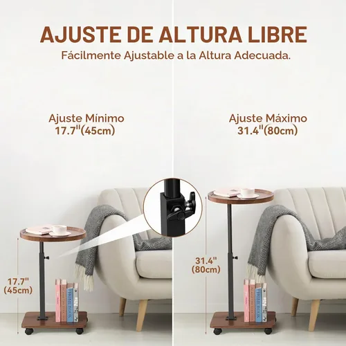 Vista 2 de Mesa auxiliar ajustable en forma de C, mesa auxiliar con ruedas para sofá, mesa giratoria de 360° para sala de estar, dormitorio, estudio y espacios