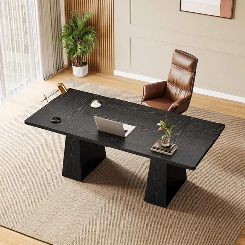 Vista 5 de Tribesigns Escritorio ejecutivo de 63 pulgadas, moderno escritorio negro para computadora de oficina con doble pedestal resistente, mesa de estudio
