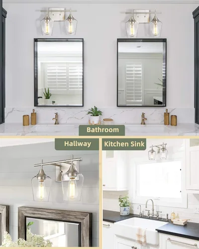 Vista 5 de WL9167-2C - Lámpara de baño de níquel cepillado de 15 pulgadas, lámpara moderna de pared de baño de granja con vidrio transparente