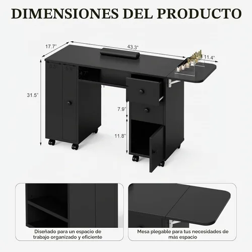 Vista 2 de Paddie Mesa de manicura con mesa extensible, mesa de escritorio de uñas para tecnología de uñas con soporte para bolsa de basura y cajón vertical
