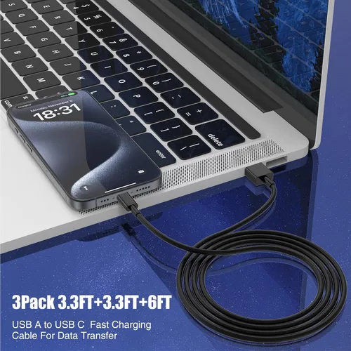 Vista 4 de Paquete de 3 cables negros [3.3 pies+3.3 pies + 6 pies] USB A a USB C, cable USB a USB C Carplay para iPhone 16 15 Pro Plus Pro Max, para iPad