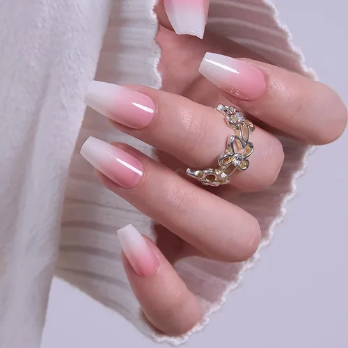 Vista 6 de CurvLife Uñas postizas a presión con punta francesa cuadrada media, color Brillo de porcelana