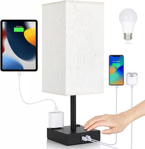 Vista 12 de Lámpara de noche con puertos USB - Lámpara de mesa de control táctil para dormitorio con puertos de carga USB C + A y salidas de AC, lámpara