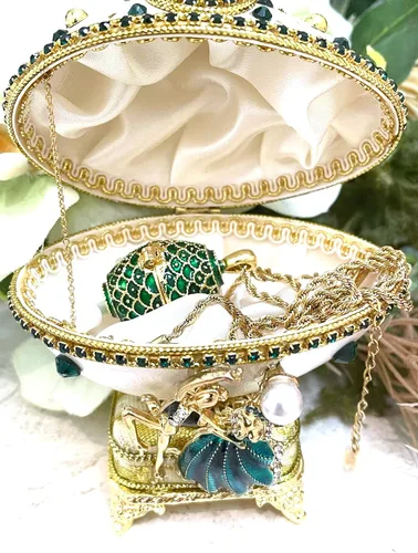 Vista 2 de 3pce Rara Idea de regalo vintage de ESMERALDA regalo de Navidad para padres Faberge Egg Music Jewelry cajas de regalo hechas a mano huevo Fabergé