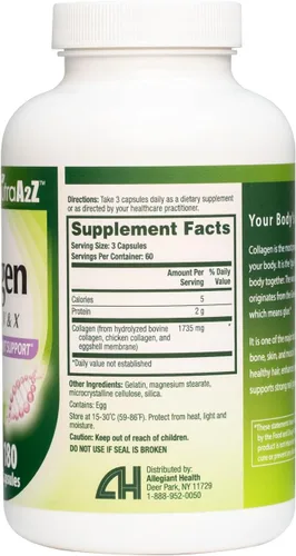 Vista 3 de HealthA2Z Multi Colágeno Píldoras 1735mg, 180 Cápsulas (60 porciones) Tipos I, II, III, V y X, Piel sana, Cabello, Uñas y Apoyo Articular