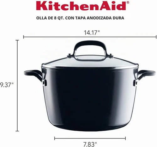Vista 2 de KitchenAid 84805 Olla antiadherente anodizada dura con tapa, 8 cuartos de galón, color negro ónix