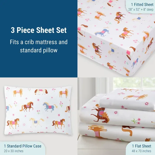 Vista 4 de Wildkin Juego de sábanas para niños pequeños, microfibra suave, sábana bajera y sábana superior, funda de almohada - Caballos