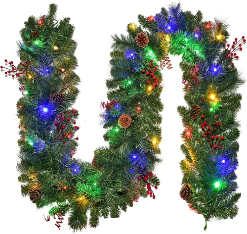 Vista 9 de Guirnalda de Navidad con luces de 9 pies, guirnalda de Navidad iluminada, funciona con pilas, 8 modos de iluminación, 50 luces LED, guirnalda