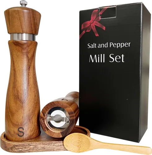 Vista 7 de Juego de molinillo de sal y pimienta de madera: molinillo de pimienta manual, grosor ajustable, hecho de madera de acacia con núcleo