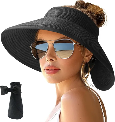 Vista 19 de NPJY Sun Hats for Women Wide Brim Roll-Up Ponytail Packable Straw Visor Blanco