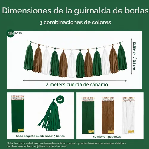 Vista 3 de Green Brown White Tissue Paper Tassel Garland, 15PCS Banner Green Coffee Brown