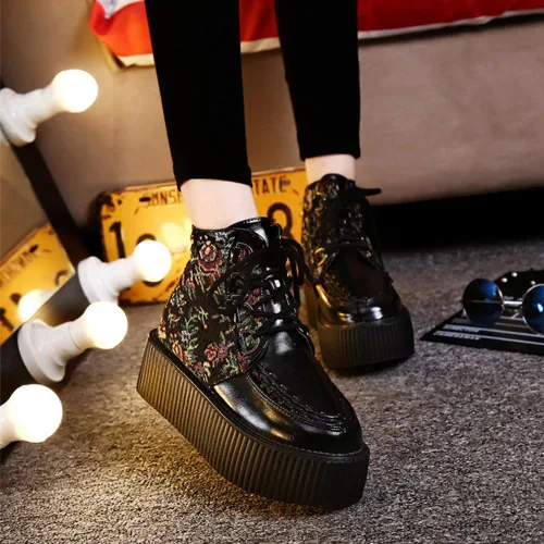 Vista 7 de RoseG Women's High Top Suede Lace Up Flat Platform Creepers Shoes Boots