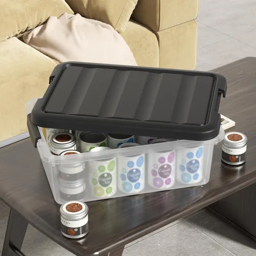 Vista 5 de Cubo de almacenamiento apilable de plástico de 14 cuartos de galón, caja de almacenamiento básica transparente con tapa negra (paquete de 2)