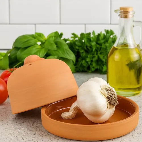 Vista 3 de Eurita Terra Cotta - Asador de ajo con tapa y ventilación de vapor, horneador de ajo de arcilla natural para horno o microondas, plato para asar ajo
