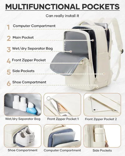 Vista 3 de Mochila de viaje grande al vacío con bomba,Mochilas para laptop para mujeres y hombres,Mochila de transporte,Bolsa de viaje para artículos Beige