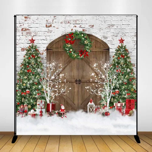 Vista 8 de Mocsicka Telón de fondo de fotografía de Navidad con puerta de granero, árbol de Navidad, regalos de nieve, decoración de fondo de fotos de casa