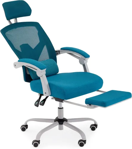 Vista 7 de Silla de oficina ergonómica de malla con almohada de apoyo lumbar y reposapiés retráctil, diseño de respaldo alto transpirable, silla reclinable Azul