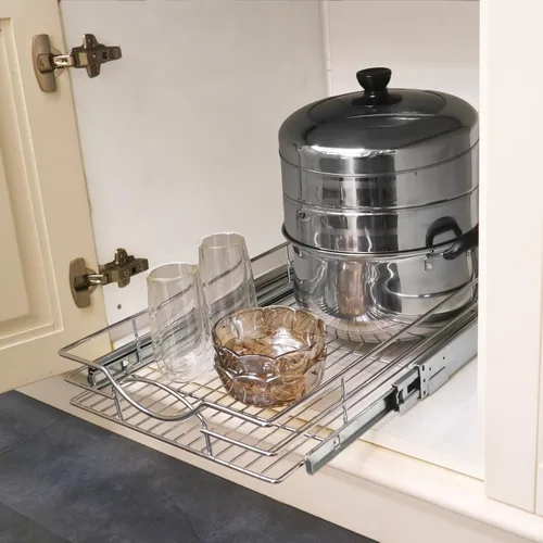 Vista 7 de Sikarou Organizador de gabinete extraíble, estantes extraíbles de gabinete de cocina resistente, cesta de alambre deslizante para armarios