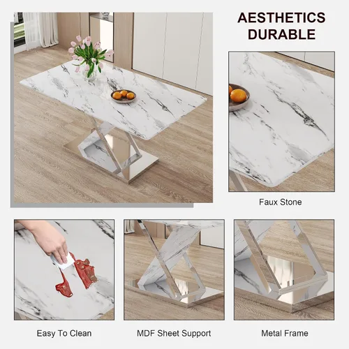 Vista 8 de Juego de mesa de comedor de mármol para mesa rectangular blanca de 4.63 pulgadas con marco de metal plateado en forma de X y 4 sillas de comedor