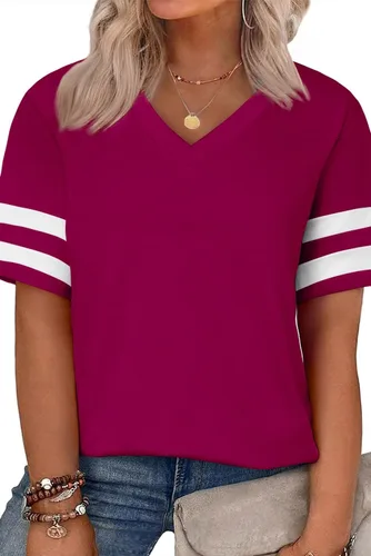 Vista 111 de Eytino Blusas de talla grande para mujer, cuello en V, manga corta, a rayas, casual, holgada, con bolsillo (1X-5X)