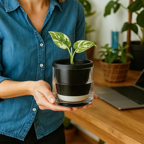 Vista 7 de D'vine Dev Maceta de Diseño de Riego Automático de 4 Pulgadas para Plantas de Interior, Maceta de Terracota Negra con Vaso Cilíndrico de Vidrio