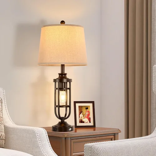 Vista 4 de Lámparas de Mesa Estilo Granja de 28.8" para Sala de Estar, Juego de 2, Lámparas Táctiles Regulables de 3 Vías con Puertos USB, Lámparas Rústicas