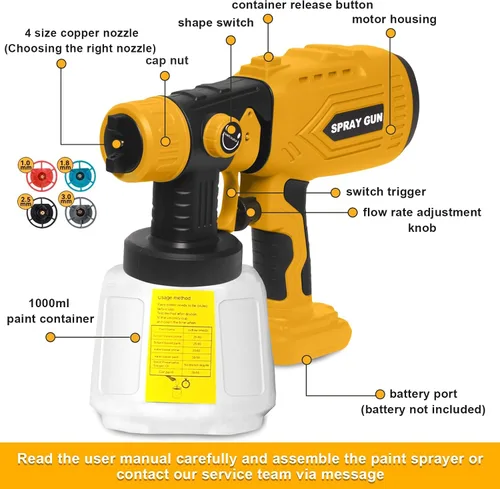 Vista 5 de Pulverizador de pintura inalámbrico para batería Dewalt de 20 V (batería no incluida), pistola de pintura eléctrica con 4 boquillas de cobre y 3