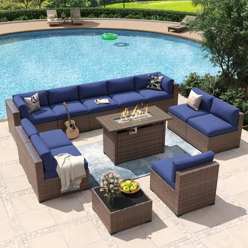 Vista 17 de Aoxun - Juego de 7 piezas de muebles de patio de mimbre de ratán, conjunto de sofá modular para conversación de patio con mesa de café y cojines