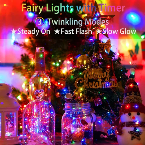 Vista 2 de Guirnalda de luces multicolor de Navidad parpadeantes, funciona con pilas, 3 modos, 20 LED, 12 paquetes de luces de luciérnaga estrellada de alambre