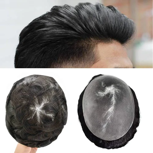 Vista 73 de PU Toupee para hombres pieza de pelo real sistema de reemplazo de cabello humano para hombres Toupee pieza de pelo para hombres piel polivinílica